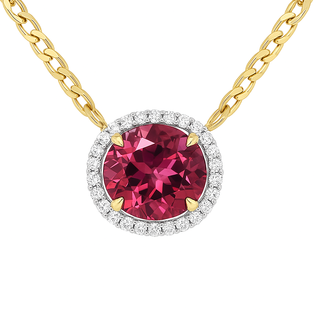 14Kt Pendant with Pink Tourmaline and Diamond Halo