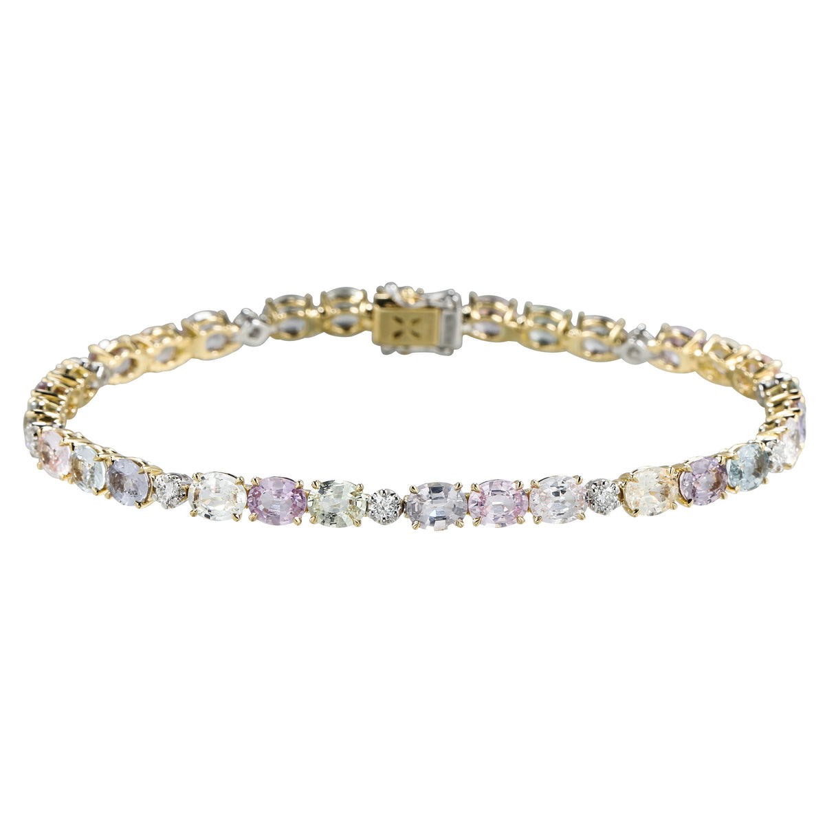 18Kt Yellow & White Gold 12.12cttw Pastel Rainbow Sapphire and 0.38cttw Diamond Bracelet