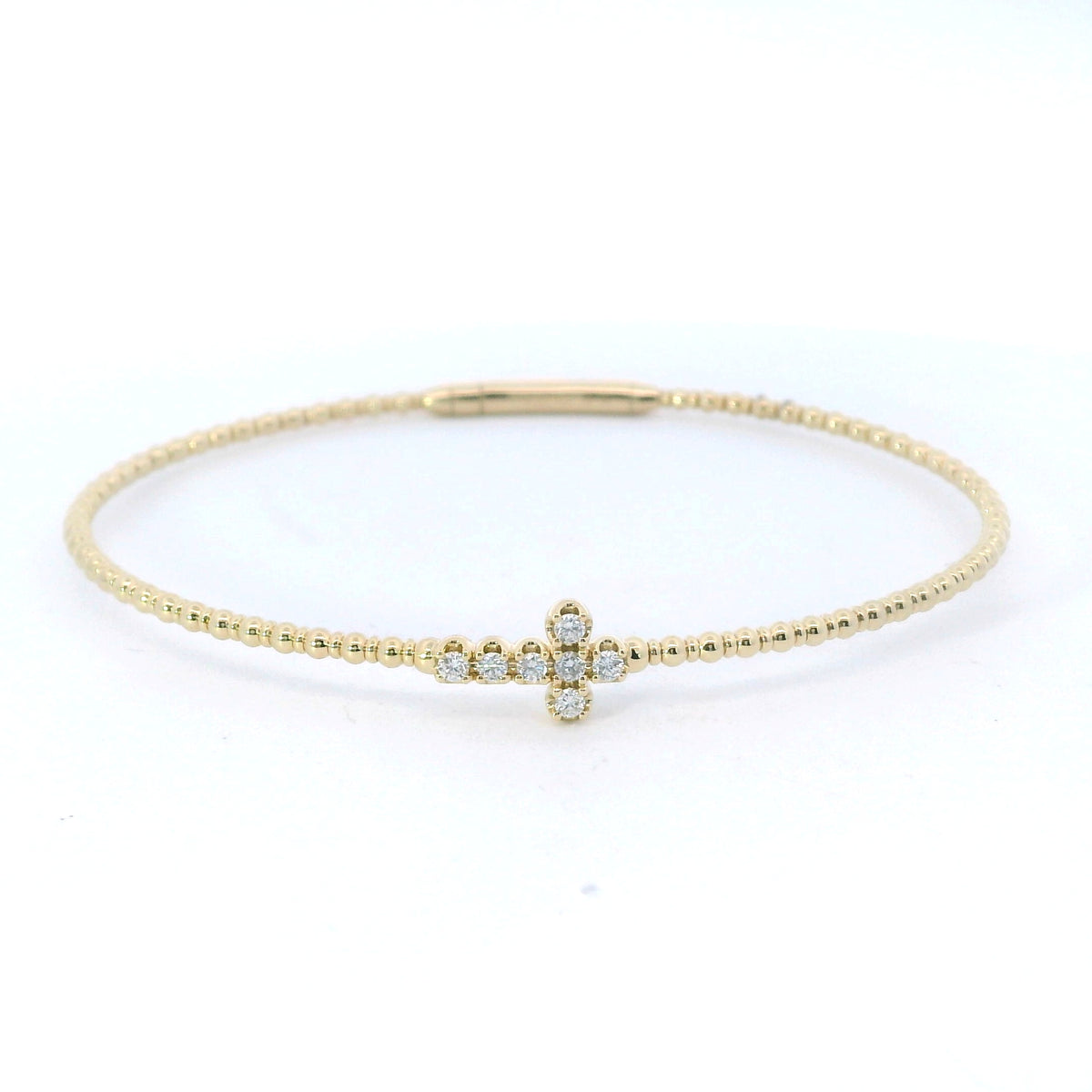 14Kt Yellow Gold Flexible Beaded Bangle Bracelet with Natural Diamond Cross