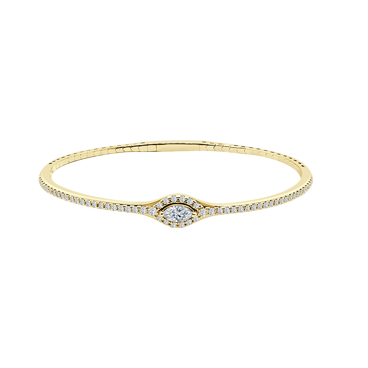 14Kt Yellow Gold Halo Marquise & Round Natural Diamond Flex Bangle