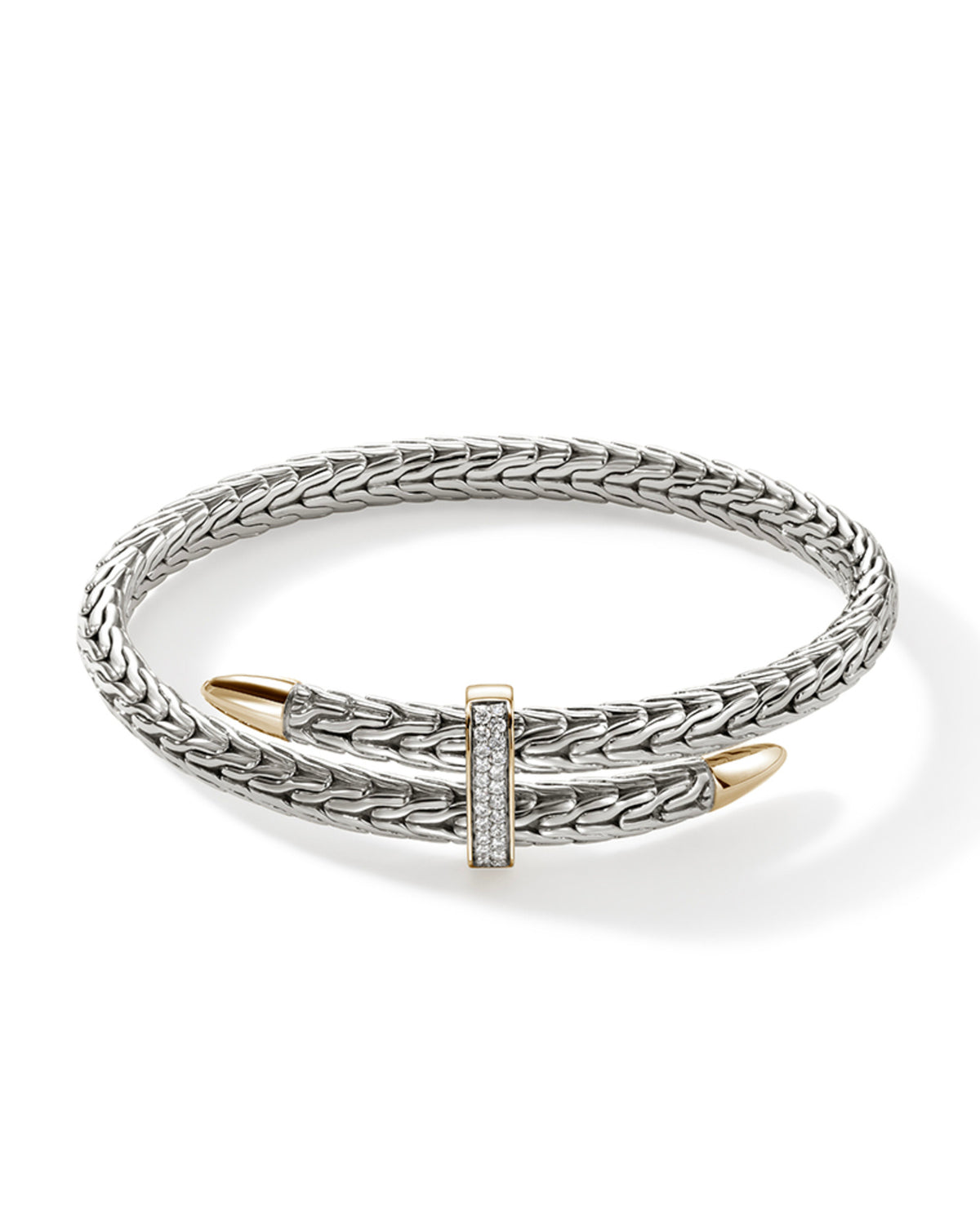 John Hardy 14Kt Gold & Sterling Silver Spear Diamond Pave Bypass Flex Cuff