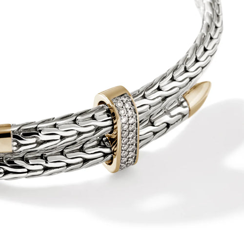 John Hardy 14Kt Gold & Sterling Silver Spear Diamond Pave Bypass Flex Cuff