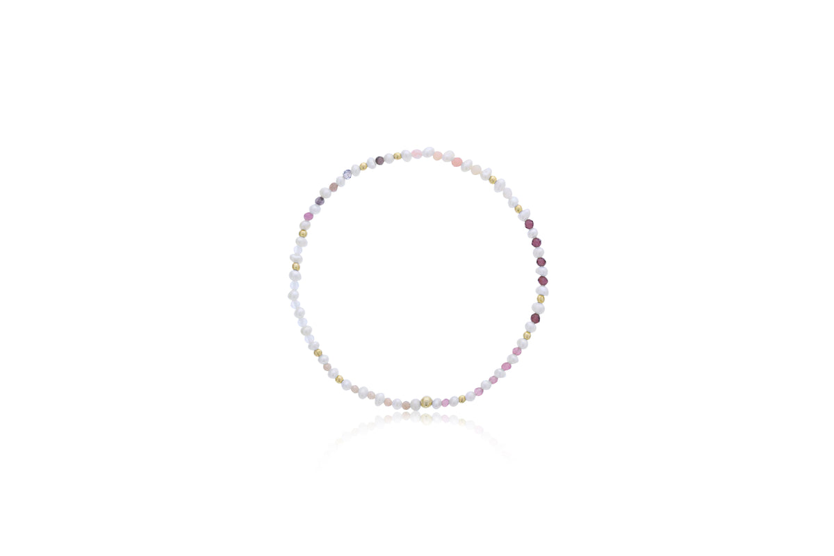 Dee Berkley 2mm Pearl, Garnet, Pink Selenite, Peach Moonstone & White Topaz Beaded Bracelet