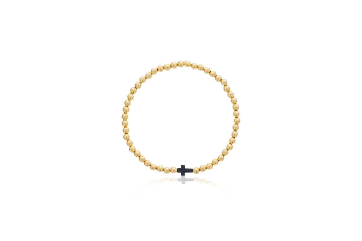 Dee Berkley Small Onyx Cross & 4mm Gold Filled Bead Bracelet