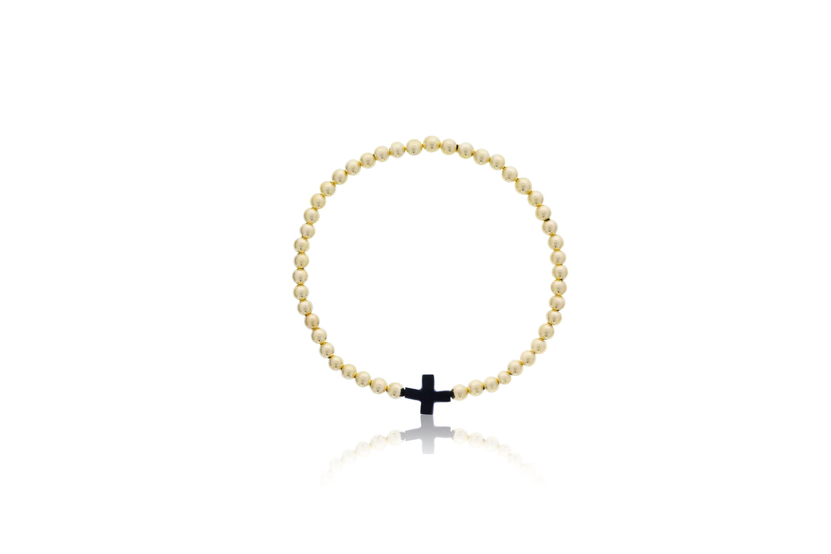 Dee Berkley Black Onyx Cross & 4mm Gold Filled Bead Bracelet