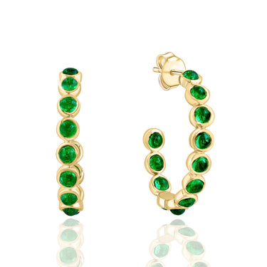 18Kt Yellow Gold Bezel Set Emerald Hoop Earrings