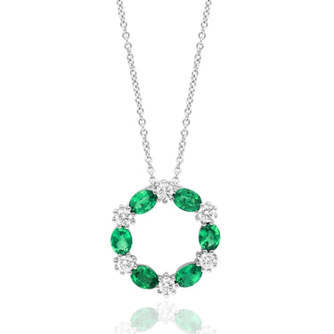 14Kt White Gold Circle Pendant with Alternating  Emeralds and Natural Diamonds