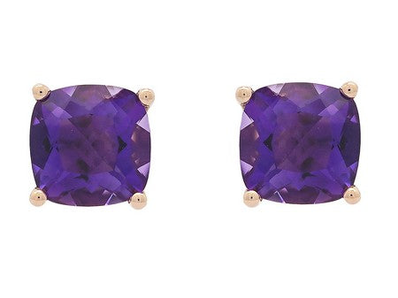 14Kt Yellow Gold Cushion Cut Amethyst Stud Earrings