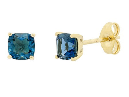 14Kt Yellow Gold Cushion Cut London Blue Topaz Stud Earrings