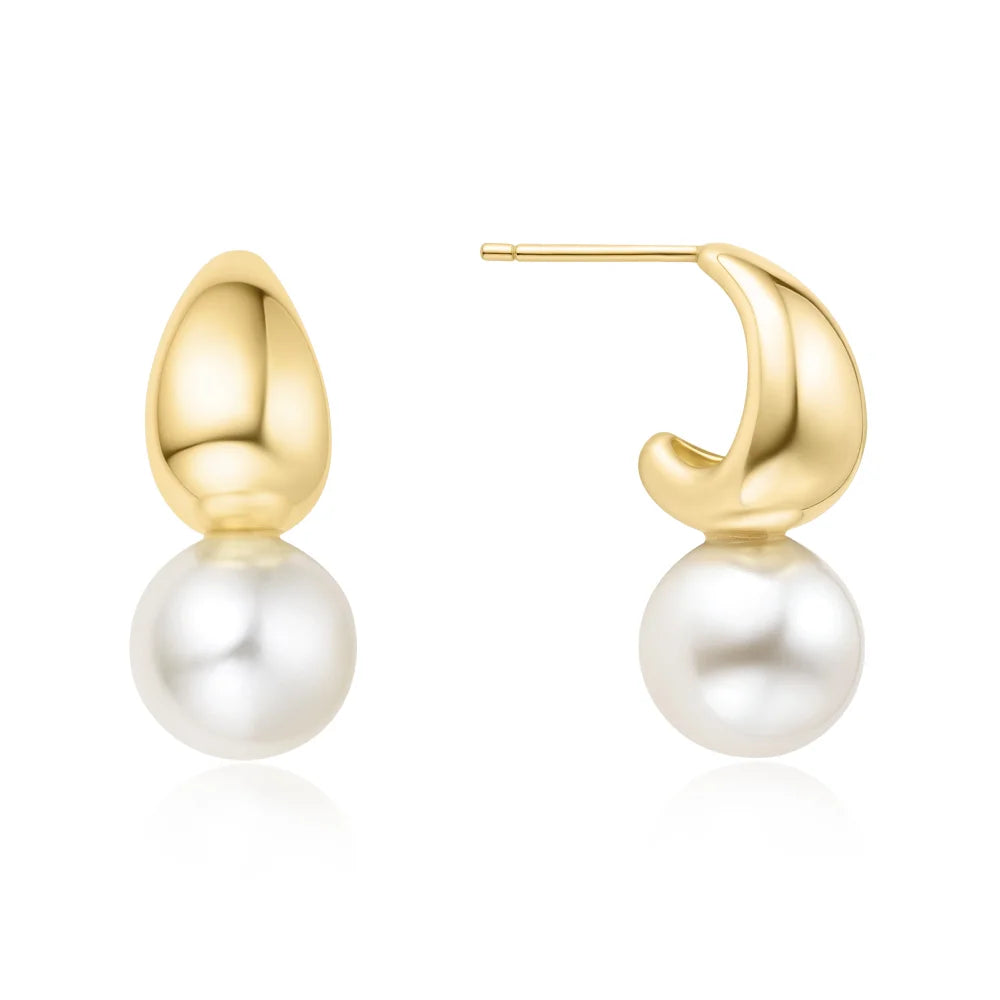 Ania Haie Dome Hoop Earrings in Gold Overlay with Shell Pearl Dangle.
