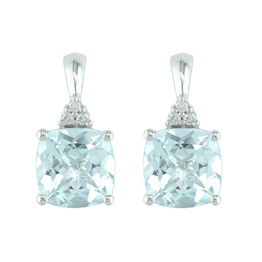 14Kt White Gold Drop Earrings with 2.75cttw Cushion Aquamarine & Accent Natural Diamonds