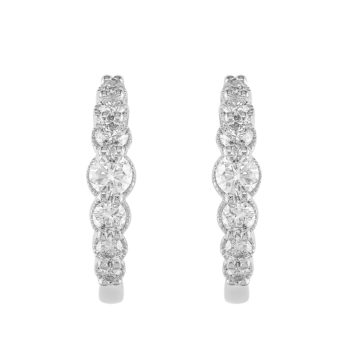 10Kt White Gold Graduated Diamond  Hoop Earrings