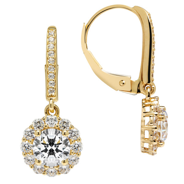 18Kt Yellow Gold Halo Dangle  Earrings With 2.14cttw Round Natural Diamonds