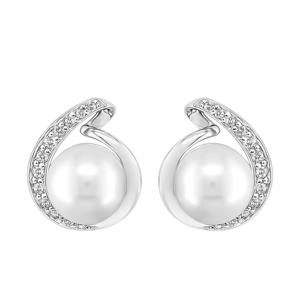 14Kt White Gold Stud Earrings With 6.5x7mm Akoya Cultured Pearls & .15cttw Accent Diamonds