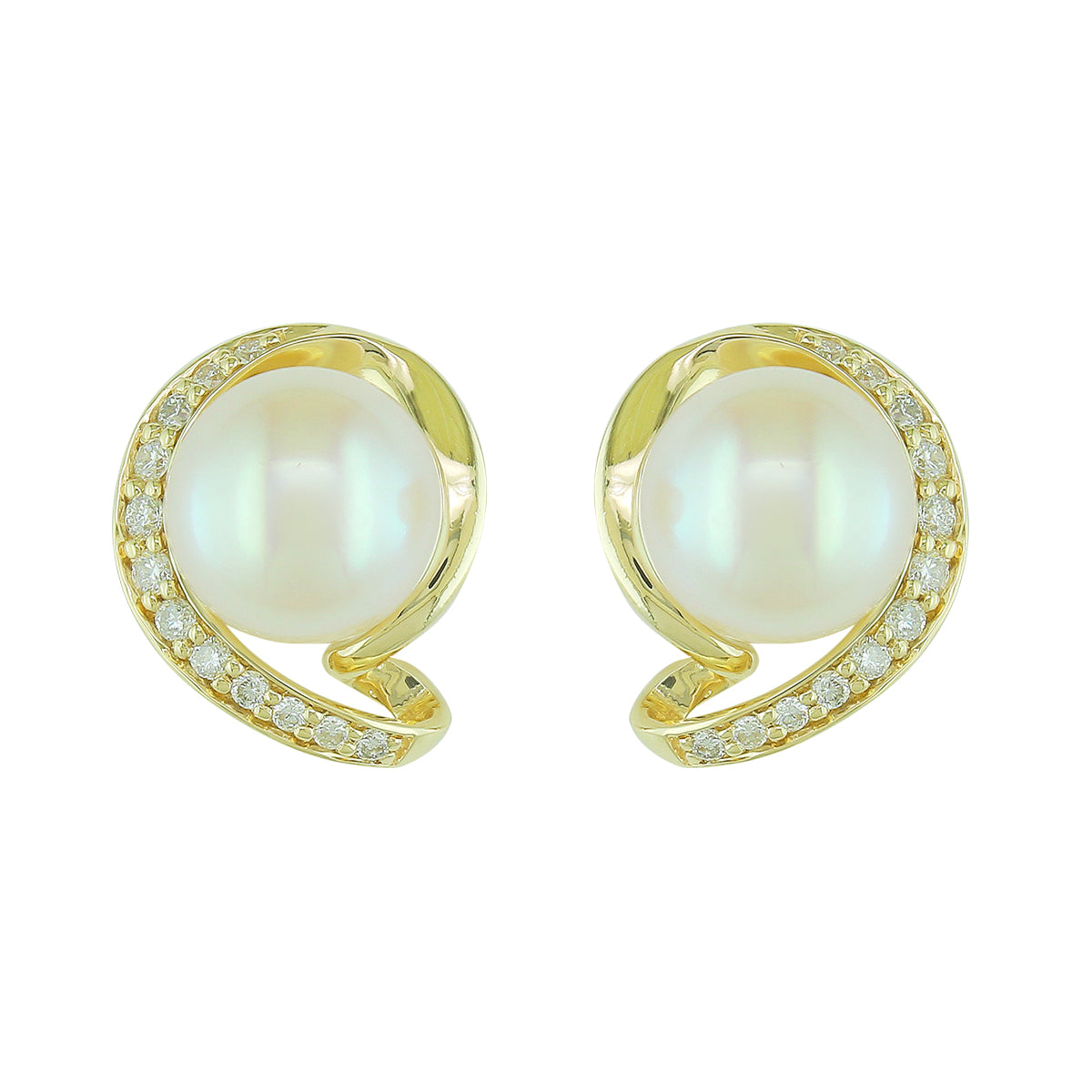 14Kt Yellow Gold Stud Earrings With 6.5x7mm Akoya Cultured Pearls and .15cttw Accent Diamonds