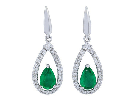 14Kt White Gold Emerald and Natural Diamond Dangle Earrings