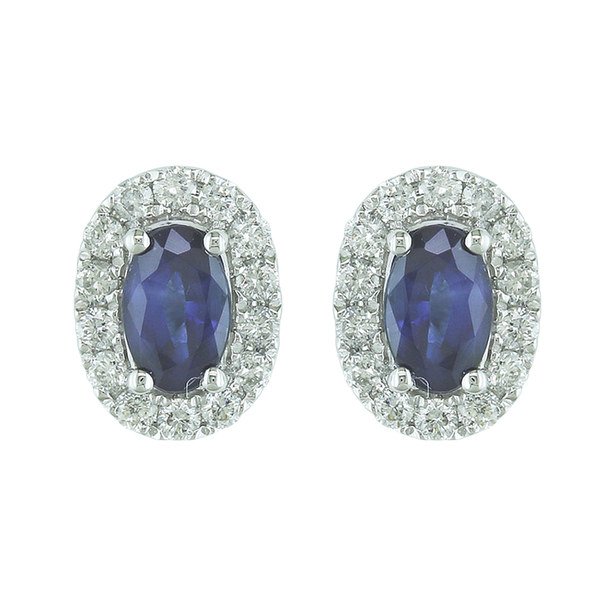 14Kt White Gold Oval Halo Stud Earrings with Blue Sapphire & Natural Diamonds