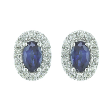 14Kt White Gold Oval Halo Stud Earrings with Blue Sapphire & Natural Diamonds
