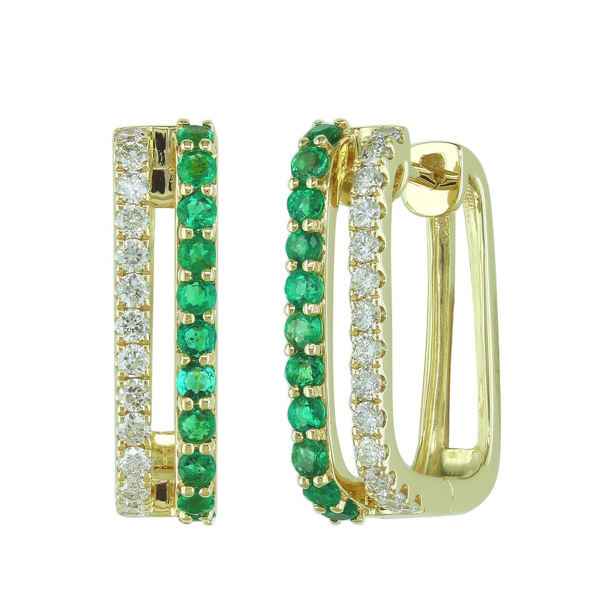 14Kt White Gold Double-Row Hoop Earrings With Natural Emeralds & Diamonds