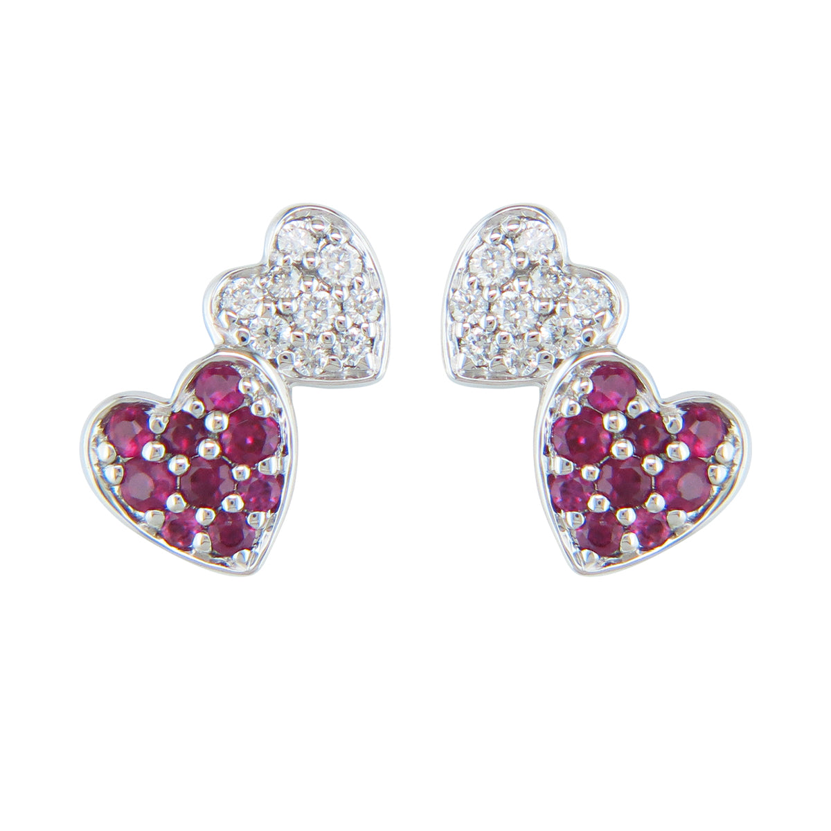 14Kt White Gold Double Heart Stud Earrings With Ruby and Diamonds