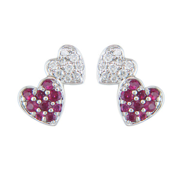 14Kt White Gold Double Heart Stud Earrings with Ruby and Natural Diamonds