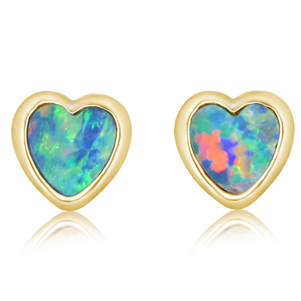 14Kt Yellow Gold Stud Earrings with Australian Opal Hearts