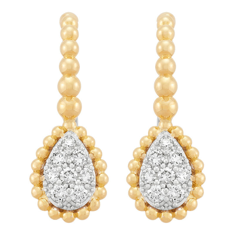 14Kt Yellow Gold 0.70Cttw Pave Set Diamond Beaded Teardrop Leverback Earrings