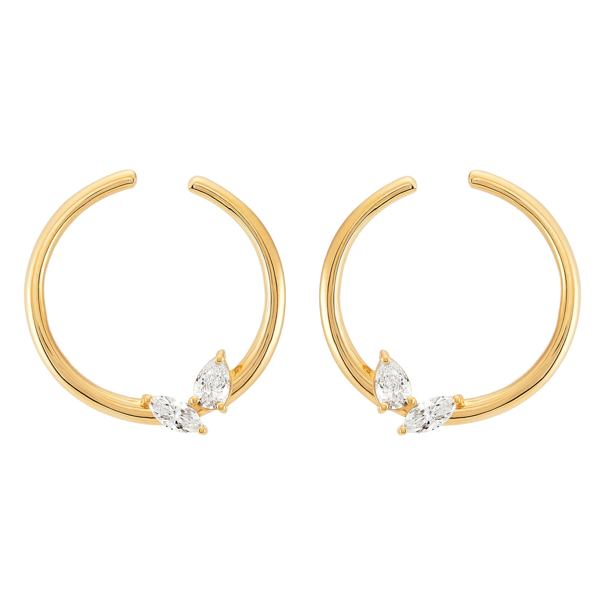 14Kt Yellow Gold Polished Open Circle Stud Earrings with Marquise and Pear Shaped Natural Diamonds