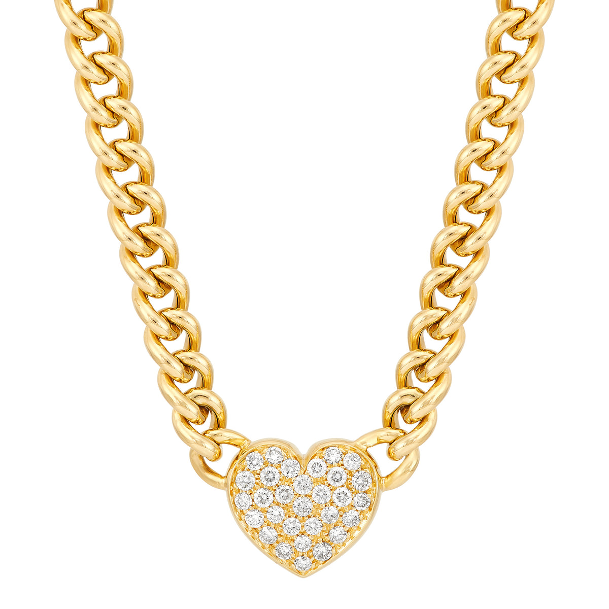 14Kt Yellow Gold 16" Choker Cuban Link Necklace with .60Cttw Natural Pave Diamond Heart