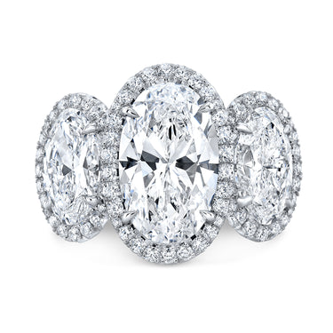 18kt White Gold Three Stone Halo 1.52ct Oval Center Natural Diamond Engagement Ring