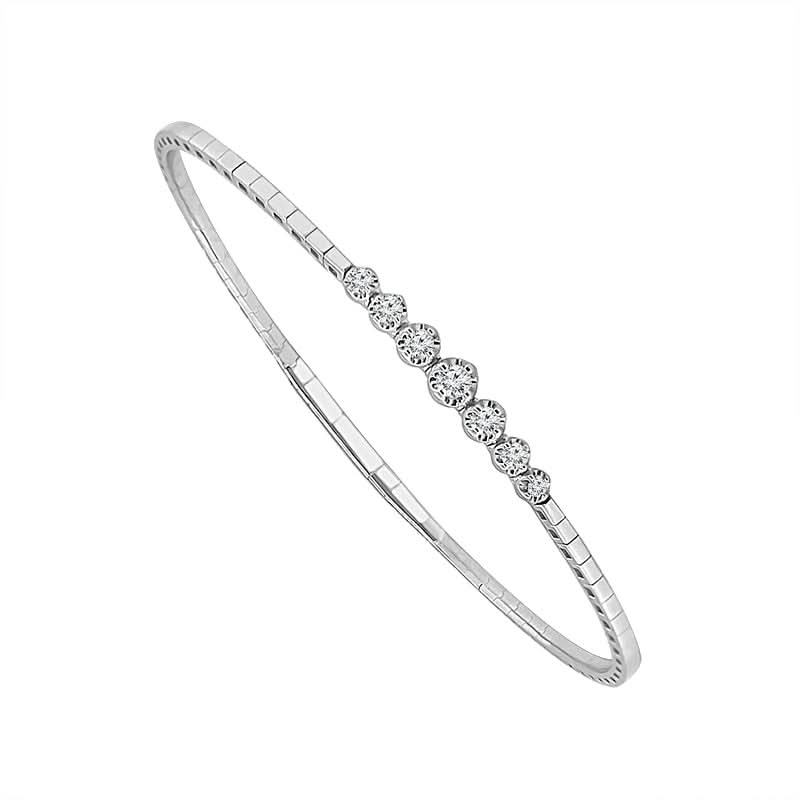 14Kt White Gold Flex Bangle Bracelet With 7 Round Graduated Natural Diamonds Totaling .20cttw