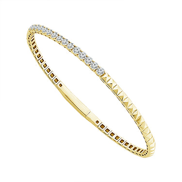 14Kt Yellow Gold Pyramid Link & 1.00cttw Prong-Set Round Natural Diamonds Flex Bangle Bracelet