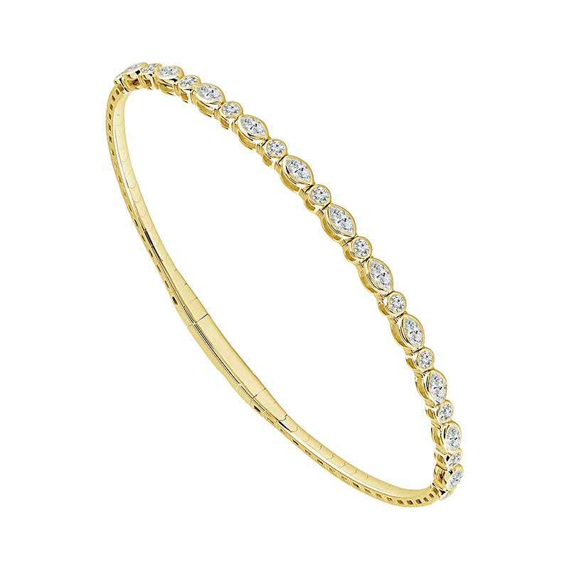 14Kt Yellow Gold Flex Bangle Bracelet With 1.50cttw Alternating Marquise And Round Natural Diamonds