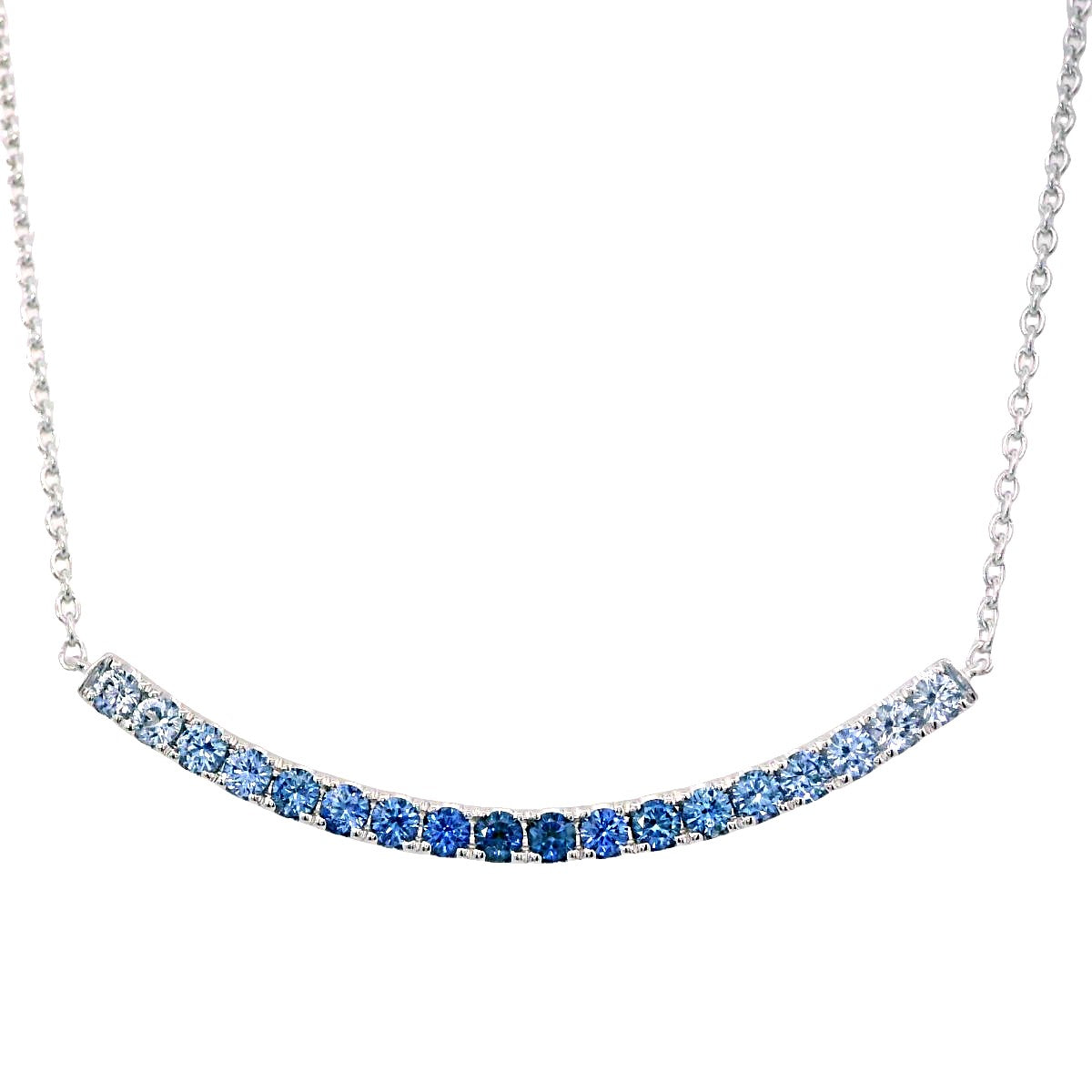 14Kt White Gold Curved Bar Smile Necklace with Natural Sapphires