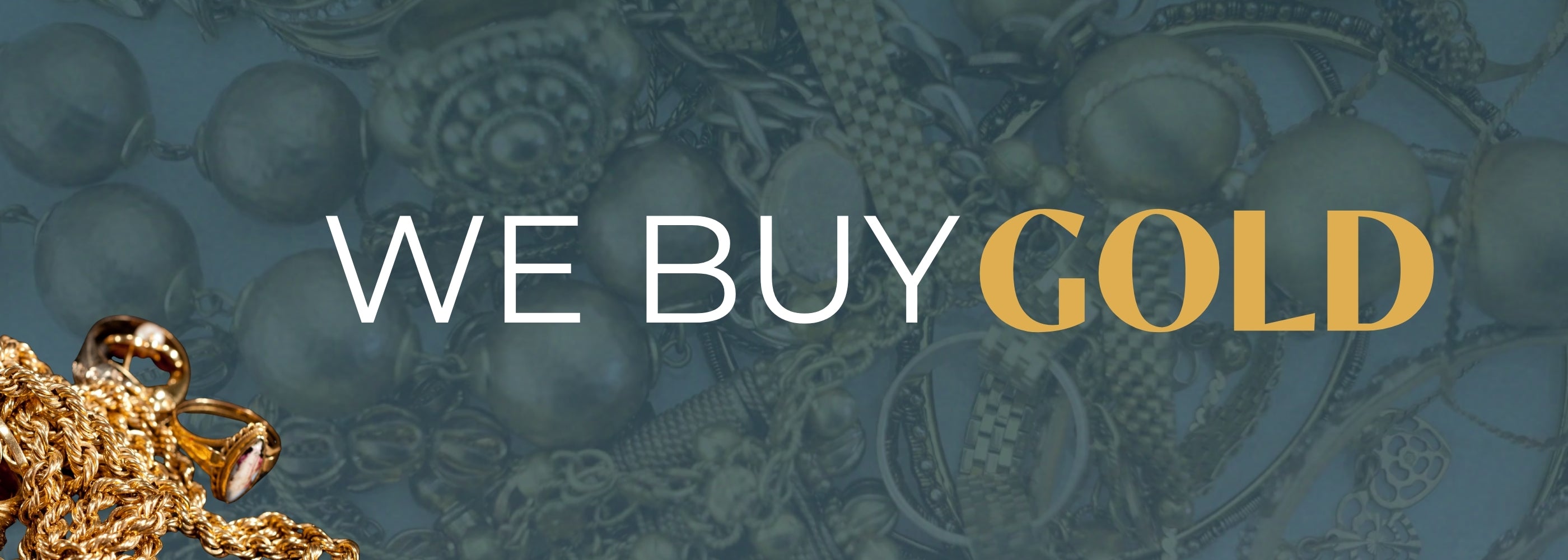 Text 'WE BUY GOLD' with gold jewelry on a decorative background