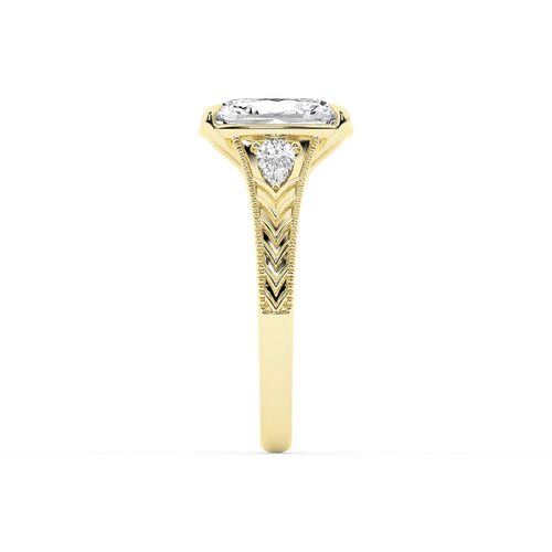 Lasker Big Rocks 14Kt Yellow Gold Engraved Vintage-Inspired Ring With 3.08ct Elongated Cushion Lab-Grown Diamond