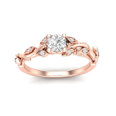 14Kt Rose Gold Amelie 0.30ct Round Center Diamond & 0.08cttw Accent Diamond Milgrain Leaf Pattern Engagement Ring