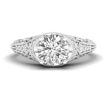 14Kt White Gold Scrolled Vintage-Style 1.22ct Round Diamond Center & 0.20cttw Diamond Accent Engagement Ring
