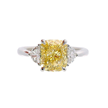 Lasker Big Rocks 14Kt White Gold 3-Stone Ring With  2.03ct Fancy Vivid Yellow Lab-Crafted Cushion Center Diamond