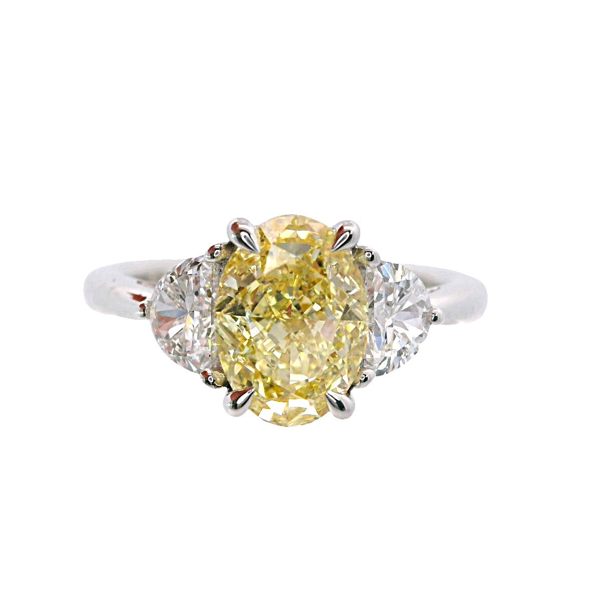 14Kt White Gold 3-Stone Ring With  2.07ct Fancy Vivid Yellow Lab-Crafted  Oval Center Diamond