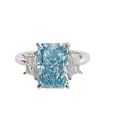 Lasker Big Rocks 14Kt White Gold 3-Stone With 3.34ct Fancy Vivid Blue Lab-Crafted Radiant-Cut Center Diamond