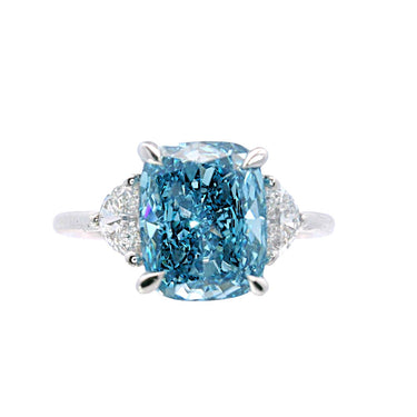 Lasker Big Rocks 14Kt White Gold 3-Stone Ring With  3.00ct Fancy Vivid Blue Lab-Crafted Cushion Center Diamond