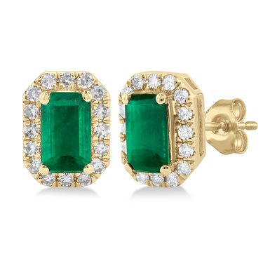 10Kt Yellow Gold 5x3mm Emeralds & 0.13cttw Diamond Halo Stud Earrings