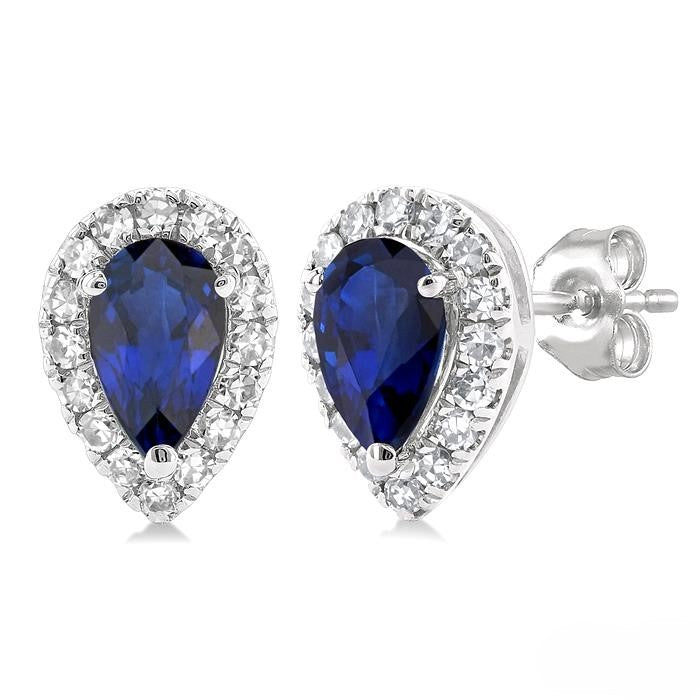 10kt White Gold Pear Sapphire Diamond Halo Stud Earrings