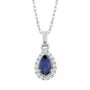 10kt White Gold Halo Birthstone Pendant with 5x3mm Pear Sapphire and 0.07cttw Natural Diamonds