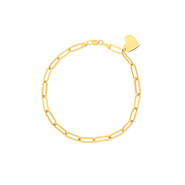 14Kt Yellow Gold Paperclip Link Heart Charm Bracelet
