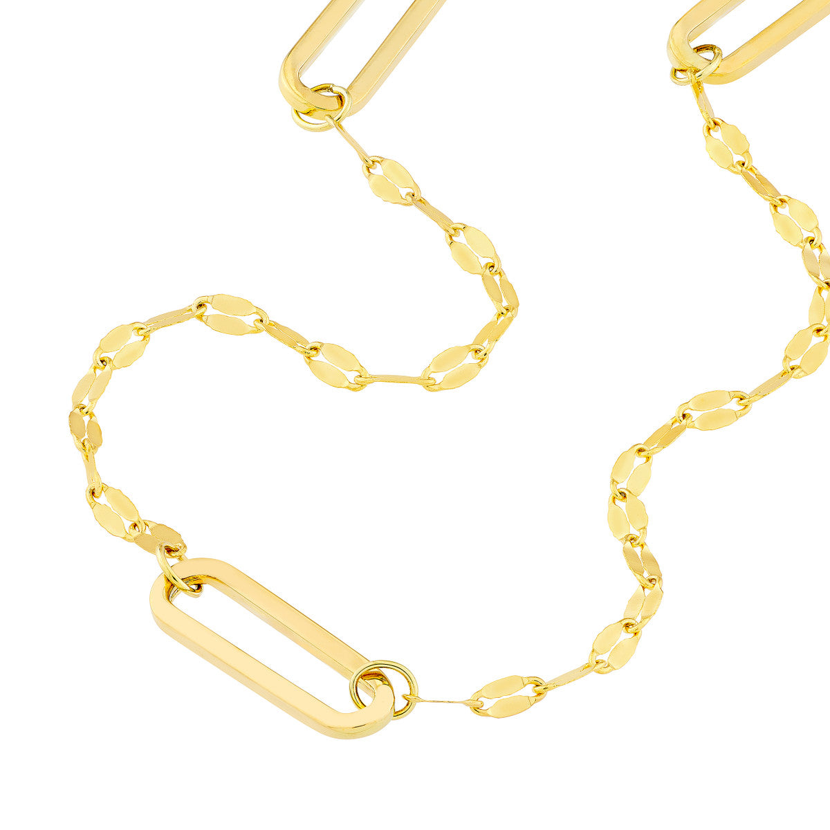 14Kt Yellow Gold Long Paperclip Link Station Necklace