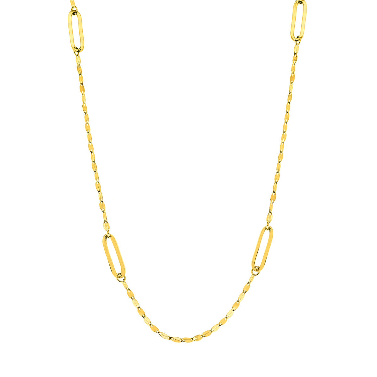 14Kt Yellow Gold Long Paperclip Link Station Necklace