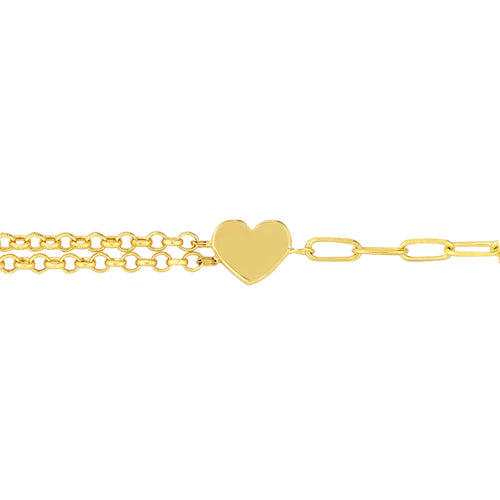 14Kt Yellow Gold Paperclip Cable Link Bracelet With Heart Charm