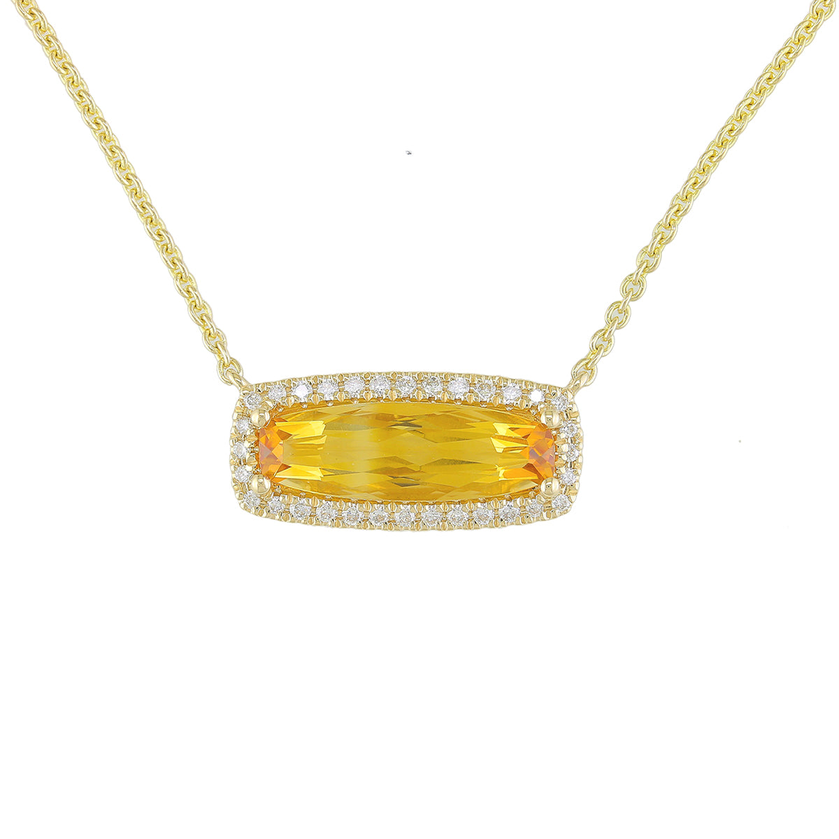 14Kt Yellow Gold Halo Necklace With 2.10ct Designer-Cut Citrine & .16cttw Diamonds